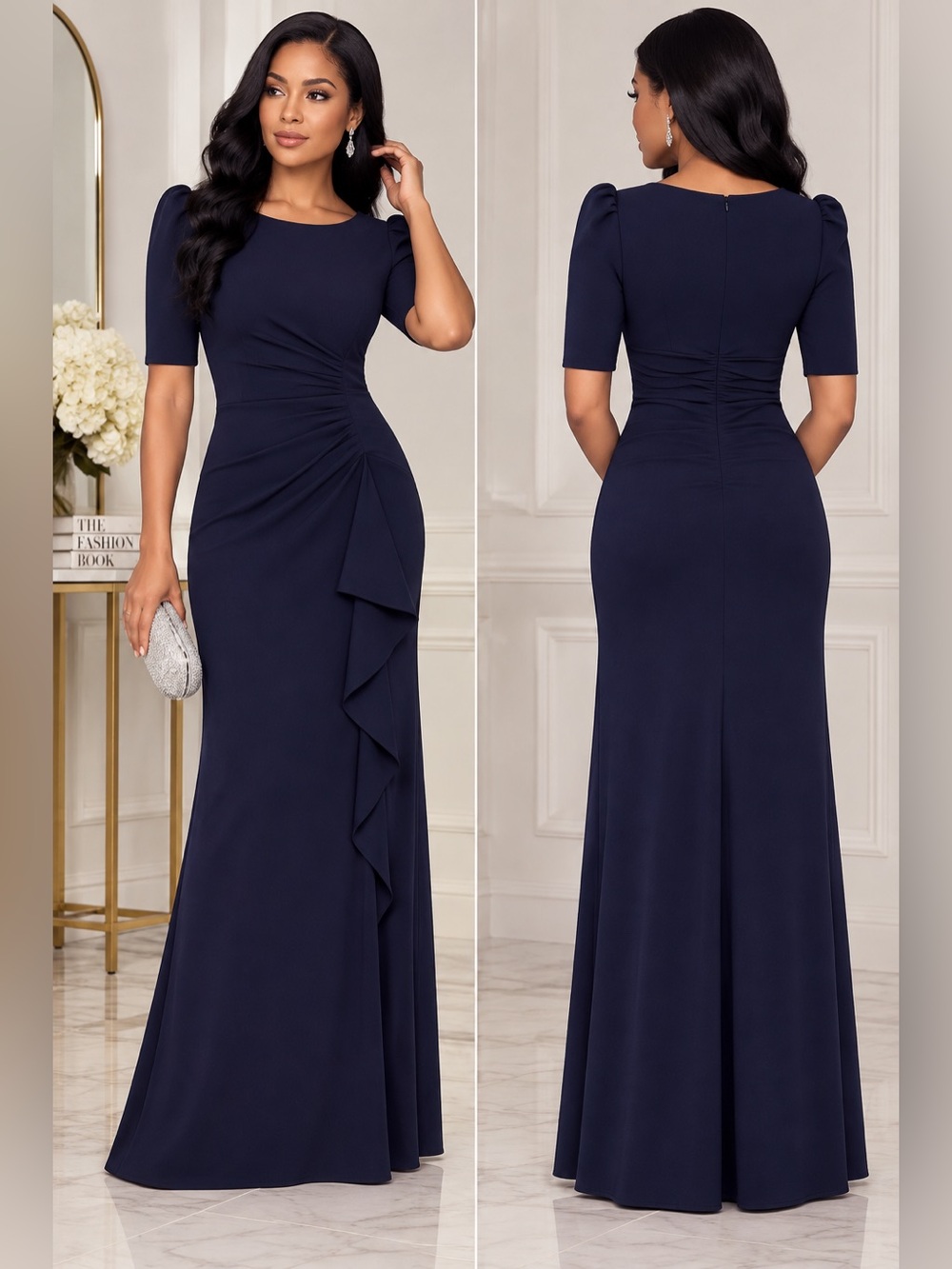 NEW Xscape Demi 3/4-Sleeve Side-Ruched Floor-Length Gown – Navy - Size 8